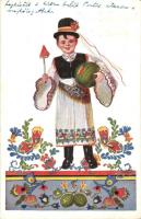 3 db RÉGI folklór művészlap, Bernáth aláírásával / 3 pre-1945 folklore art postcards with the signat...