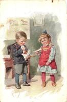 3 db RÉGI gyerek motívumlap, művészlap K. Feiertag aláírásával / 3 pre-1945 child motive cards, art ...