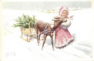 3 db RÉGI gyerek motívumlap, művészlap K. Feiertag aláírásával / 3 pre-1945 child motive cards, art ...