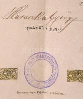 1892 Díszesen illusztrált pintér mesteri bizonyítvány, 50 kr. okmánybélyeggel, Nagykároly, Nagykárol...