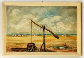 Erdős László (1921-): Gémeskút az Alföldön. Olaj, farost, jelzett, keretben, 40×60 cm