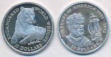 Cook-szigetek 1990. 10$ Ag "Világ veszélyeztetett vadon élő állatai - Tigris" + 10$ Ag "500 éves Amerika" T:1(PP) Cook Islands 1990. 10 Dollars Ag "Endangered World Wildlife - Tiger" + 10 Dollars Ag "500 Years of America" C:UNC(PP) Krause KM#73, KM#90