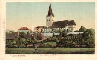Nagysink, Gross Schenk, Cincu; Evangélikus templom és iskola. Josef Hammer kiadása / Kirche und Schule / church and school