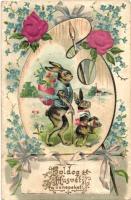 Boldog Húsvéti Ünnepeket / Easter greeting card, rabbit family, palette, Emb. litho (EK)