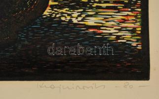 Krajcsirovits Henrik (1929-2007) : Ablakban. Színes linó, papír, jelzett, 46×39 cm