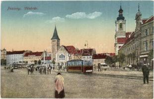 Pozsony, Pressburg, Bratislava; Vásártér, villamos / market square, tram
