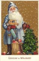 Üvözlet a Mikulástól / Saint Nicholas with toys, Christmas greeting card, litho (EK)