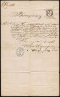 1868 Nagy János nagykun kapitány 1fl okmánybélyeggel ellátott igazoló levele Rózenberg Móric rabbijelölt részére a hadi kötelezettség iránti felmentéséről beadott kérelmének igazolására