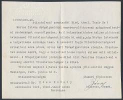 1925 Esztergom, Csernoch János(1852-1927) bíboros saját kézzel aláírt levele dr. Kiss Károly teológia tanár részére, melyben felkéri a beteg drégelypalánki plébános helyettesítésére
