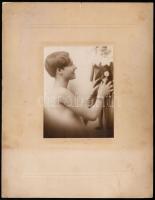 cca 1920 Szolidan erotikus fotó, 2 db, Akt bábbal és kínai lámpással, jelzettek, kartonra kasírozva, képméret: 15x11,5 cm