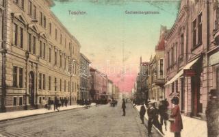 Cieszyn, Teschen; Sachsenbergstrasse / street view with tram  (Rb)