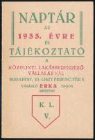 1933 A Központi Lakásberendező Vállalat kétoldalas, reklámos kártyanaptára, jó állapotban