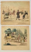 cca 1830-1840 Wiener Scene, 2 db humoros rajz, színezett acélmetszet, papír, 24×29 cm