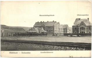 Szászsebes, Sebes, Mühlbach; Kavalleriekaserne, Mannschaftsgebäude, Offizierspavillon / Lovassági laktanya, tiszti pavilon, vasúti sínek, Josef Krempels kiadása / cavalry barracks, military officers pavilion, railways (EK)