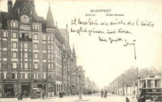 Budapest IX. Nagyvárad tér és Üllői út sarka, villamos, Brauch Vilmos üzlete, Községi Lóhús, Falatozó Hentes csemege (ázott sarok / wet corner)