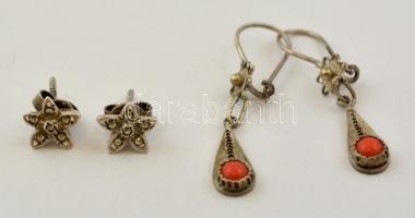 Ezüst(Ag) fülbevalópár, 2 db, markazit és korall berakással, jelzés nélkül, bruttó: 3,1 g