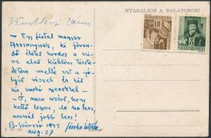 1943 Sinka István (1897-1969) megírt, aláírt, felbélyegzett, de el nem küldött képeslap, dátumozva, Balatonszárszó, 1943. augusztus 27., 13.5x8.5 cm