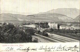 Mori (Südtirol), Hotel e Stazione. Joh. F. Amonn / hotel and railway station, locomotive (EB)