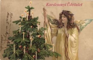 Karácsonyi Üdvözlet / Christmas greeting card with angel and Christmas tree, candles, litho (EK)