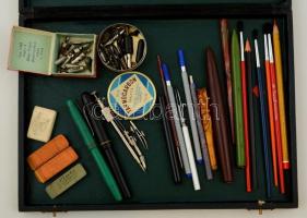 Kis írószer tétel: tollak, tollszárak, tollbetétek, radírok, ecsetek, stb., tartóban, jó állapotban