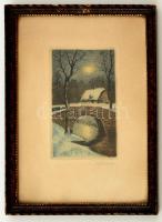Olvashatatlan jelzéssel: Holdvilágos téli éjszakán álmodik a híd, színezett rézkarc, papír, üvegezett fa keretben, 11,5×7 cm