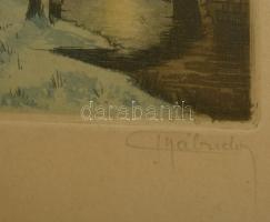 Olvashatatlan jelzéssel: Holdvilágos téli éjszakán álmodik a híd, színezett rézkarc, papír, üvegezet...