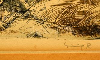 Görög Rezső (1930- ): Pihenő, színezett rézkarc, papír, jelzett, paszpartuban, 30×38 cm