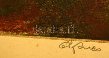 Ősz Dénes (1915-1980): Rózsás hajnali derengés Budapest felett, színezett rézkarc, papír, jelzett, 2...