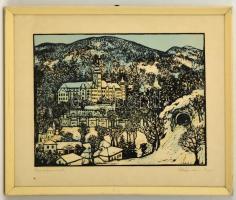 Mészáros Lajos (1925-1971): Lillafüred, színes linómetszet, papír, jelzett, üvegezett fa keretben, 30×39,5 cm