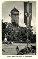 Rozsnyó, Roznava; Rákóczi őrtorony, angyalkás címeres országzászló / watchtower, Hungarian flag
