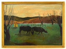 Lepizsán Fekécs Zita (1936-): Bivalyok. Olaj, farost, fa keretben, jelzett,  25x34 cm