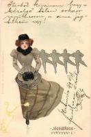 1899 Jégvirágok I. Korcsolyázó Art Nouveau hölgy / Frostwork, ice skating lady, unisgned Raphael Kirchner art postcard, Kosmos litho