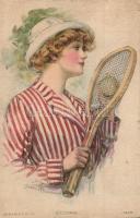 Victoria / Romantic tennis playing lady. R. C. Co.1443. s: Clarence F. Underwood