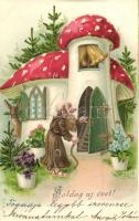 Boldog Újévet! Újévi dombornyomott litho üdvözlőlap / New Year greeting card, mushroom house with dwarf and deer. Emb. litho
