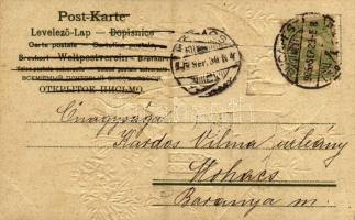 Boldog Újévet! Újévi dombornyomott litho üdvözlőlap / New Year greeting card, mushroom house with dw...