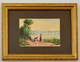 Simándy József(?-?): Balaton. Akvarell, papír, üvegezett keretben, 14x20 cm