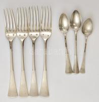 Ezüst(Ag) evőeszközök, 4 db villa(16,5 cm), 3 db kiskanál(12 cm), jelzett, nettó: 163 g