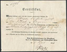 1853 Vándorló könyv kertész részére több bejegyzéssel, és Bécs városi igazolással