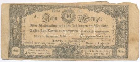 1860. 10Kr K. K. Hauptmünzamt für Silberscheidemünze alul kétsoros szöveg, vízjeles T:III- Austrian Empire 1860. 10 Kreuzer K. K. Hauptmünzamt für Silberscheidemünze two row text, with watermark C:VG Adamo G93