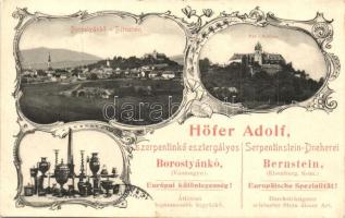 Borostyánkő, Bernstein; Vár. Höfer Adolf szerpentinkő esztergályos reklámlapja / castle, serpentine stone turner advertisement, Art Nouveau (EK)