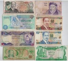 Vegyes: 8db-os papírpénz tétel, benne izraeli, kenyai, Fülöp-szigeteki, Costa ricai, iraki és líbiai bankjegyek T:III Mixed: 8pcs of paper money, with Israeli, Kenyan, Philippine, Costa Rican, Iraqi and Lybian banknotes C:F