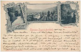 Zajzonfürdő, Zizin; látkép, Lobogó forrás, patak, Kanitz C. és fiai / general view, spring, river, floral Art Nouveau (EK)