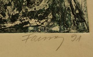 Farsang Sándor (1945-2015): Vadászat. Szynes rézkarc, papír, jelzett, 45×26 cm