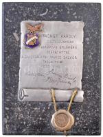 1935. "Tasner Károly daltársunknak esküvője emlékére szeretettel a Rákospalotai Iparos Dalkör tagjaitól" fém lemez márványtalpra csavarozva (márvány: 19x110x149mm) T:2