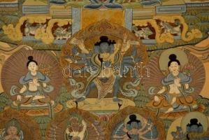 Jelzés nélkül: Modern tibeti thangka, vegyes technika, vászon, plexizett fa keretben, 72,5×52 cm