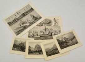 cca 1880 6 db régi metszet: vár- és kastély látképek, hajók, rézmetszet, papír, különböző méretben