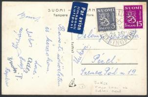 1952 Az ökölvívó csapat (Papp Laci olimpiai bajnok, Erdei János, és Adler Zsigmond szövetségi kapitány és edző ..stb.) üdvözlő sorai a Helsinki olimpiáról küldött képeslapon.