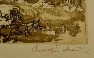 Csurgói Máté Lajos (1931-2001): Udvar. Színes rézkarc, papír, jelzett, 20,5×30,5 cm