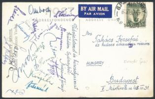 1957 A FTC labdarúgó csapatának üdvözlő sorai és aláírásai (Mészáros, Ombódi, Gerendás, Fenyvesi, Mátrai, Dékány...stb.) egy Sydney-ből küldött képeslapon.
