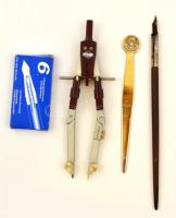 Írószer tétel: 2 db tollszár, tollhegyek, tintapatron, körző, levélbontó